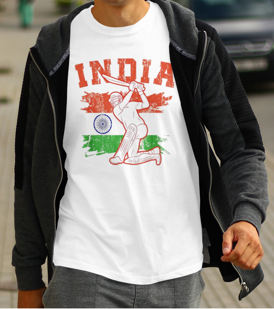 India Cricket Enthusiasts Batting Action With Ashoka Chakra T-Shirt