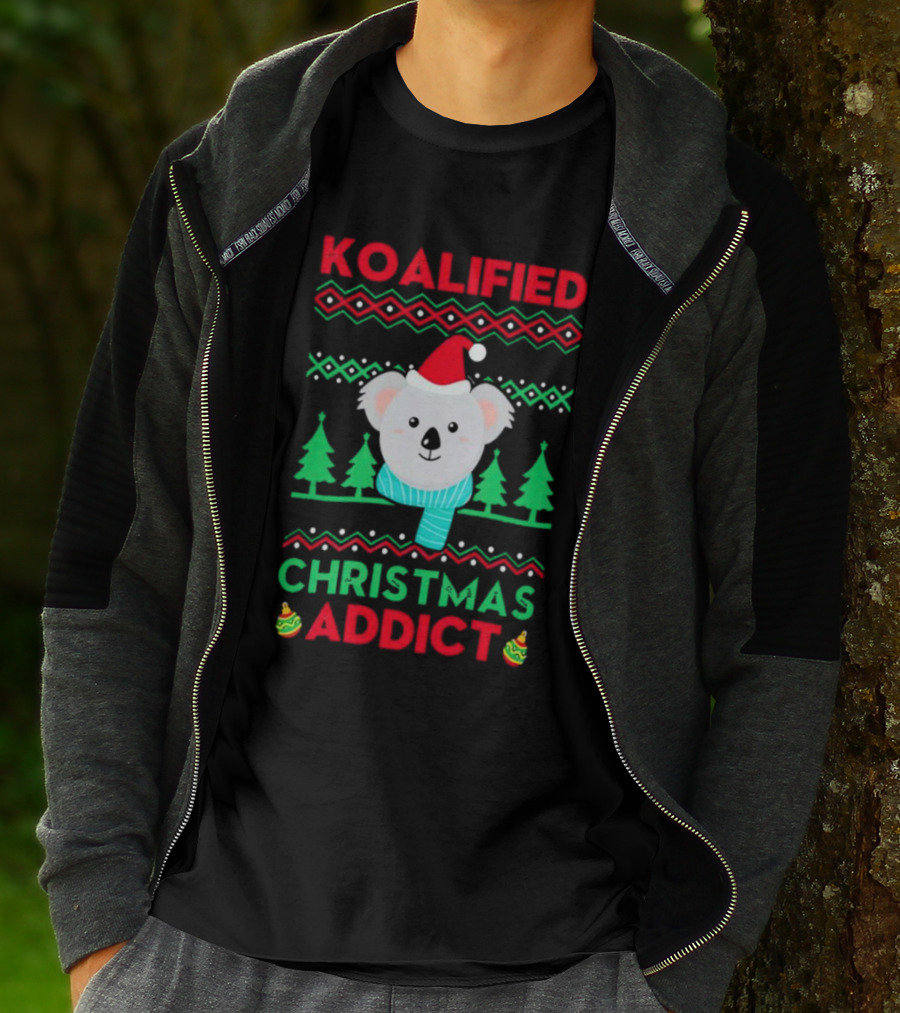 Koalified Koala Christmas Addict Ugly Sweater Style Design With Santa Hat And Christmas Trees T-Shirt