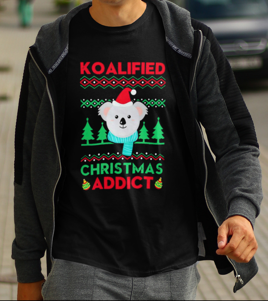 Koalified Koala Christmas Addict Ugly Sweater Style Design With Santa Hat And Christmas Trees T-Shirt