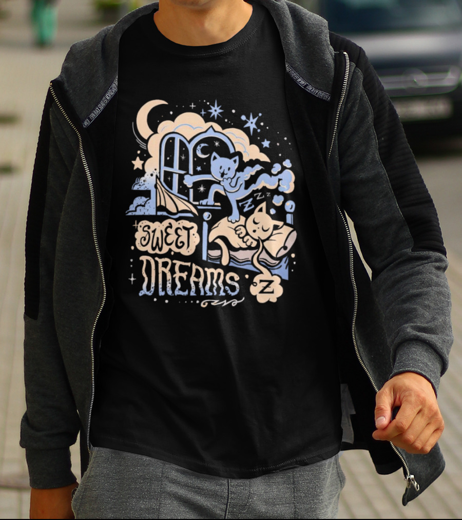 Sweet Dreams Dreaming Cat Under Moon And Stars T-Shirt