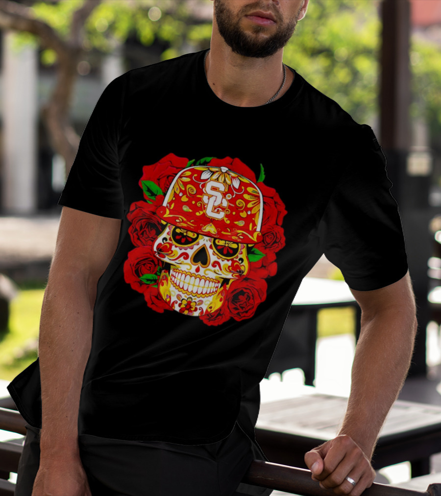 USC Sugar Skull With Roses And Cap T-Shirt