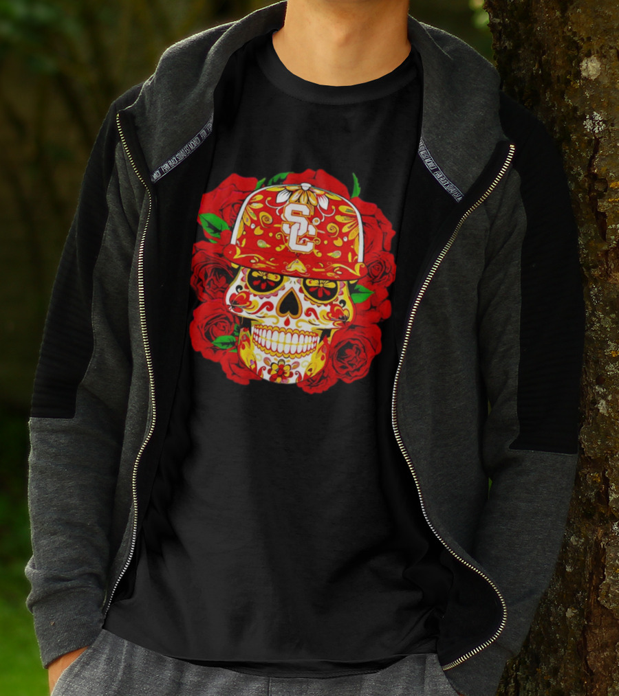 USC Sugar Skull With Roses And Cap T-Shirt