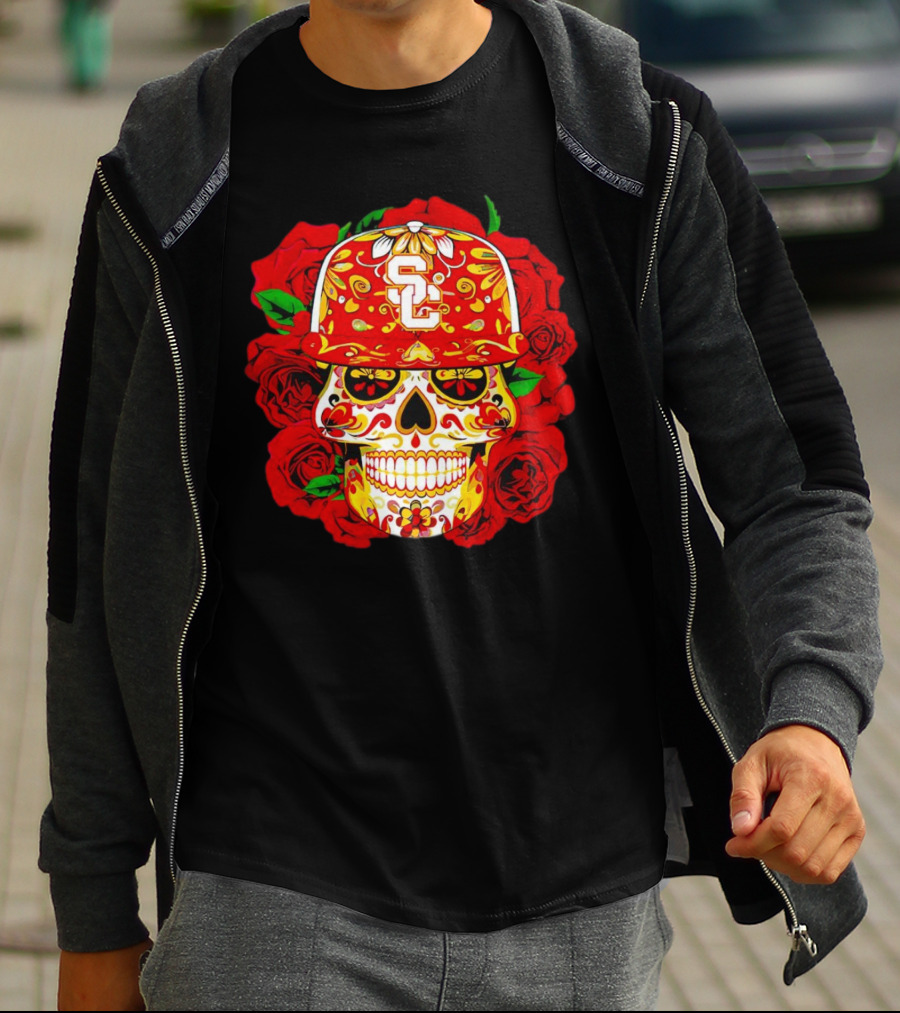 USC Sugar Skull With Roses And Cap T-Shirt