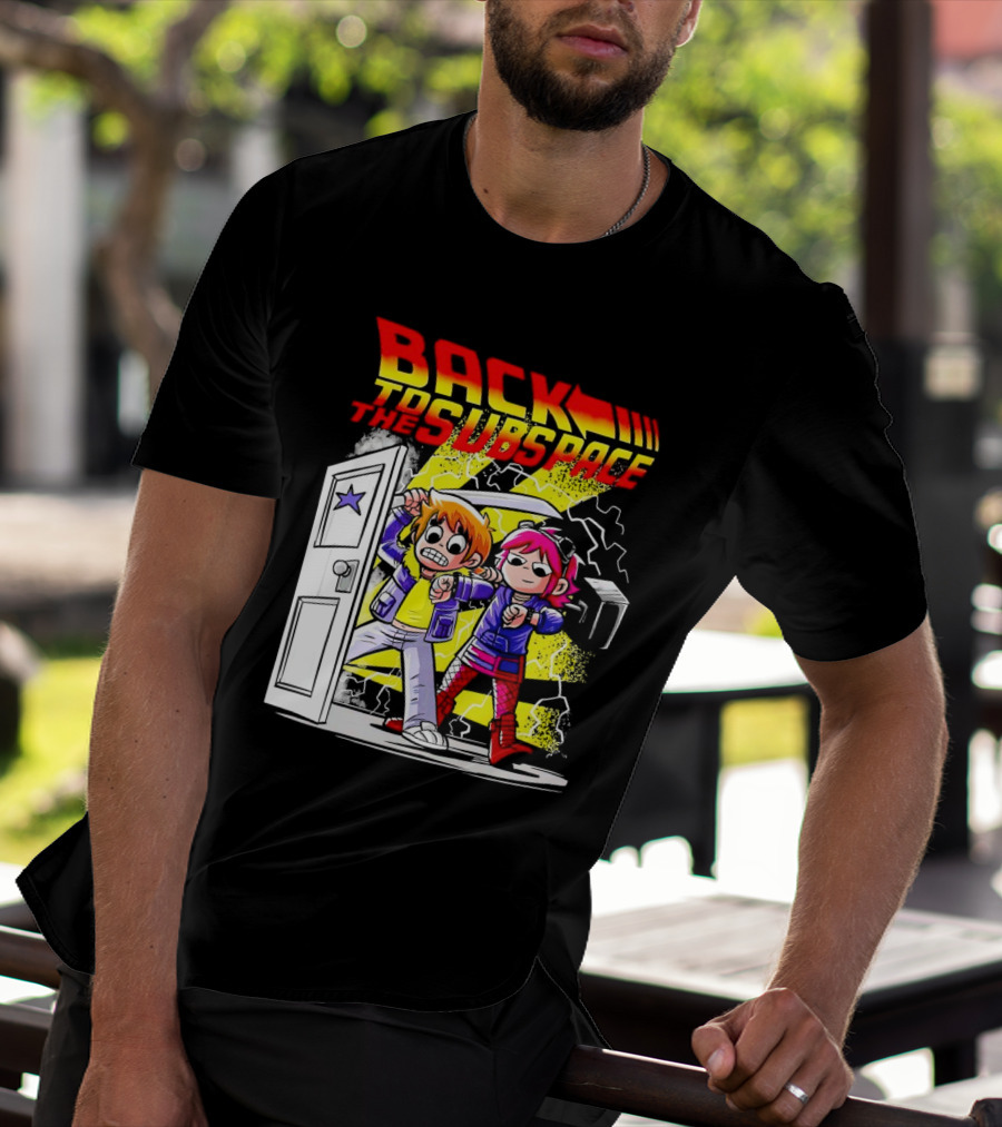 Back To The Subspace Scott Pilgrim And Ramona With Retro Door And Lightning T-Shirt