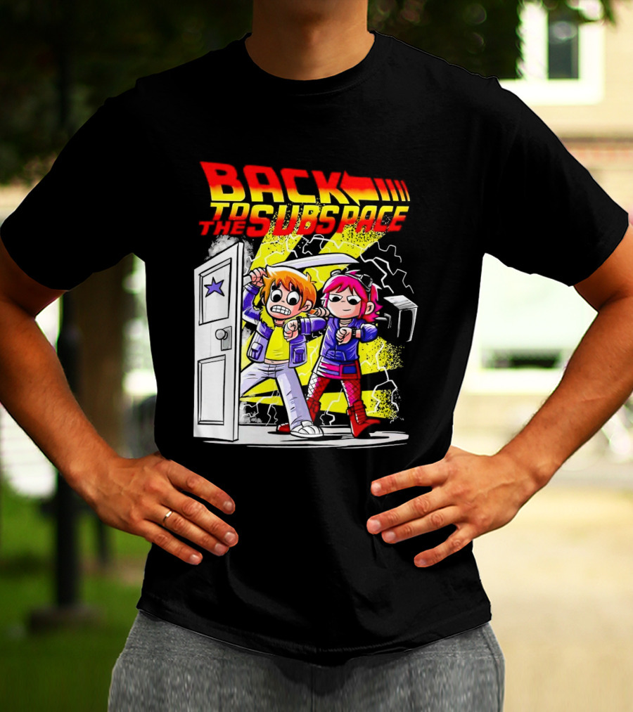 Back To The Subspace Scott Pilgrim And Ramona With Retro Door And Lightning T-Shirt