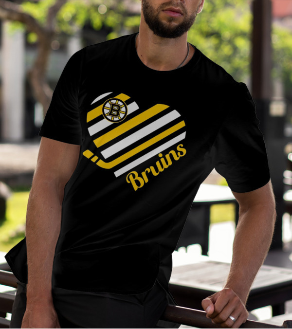 Boston Bruins Stripes Heart With Hockey Stick T-Shirt