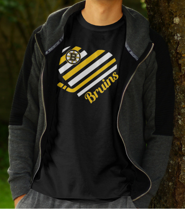 Boston Bruins Stripes Heart With Hockey Stick T-Shirt