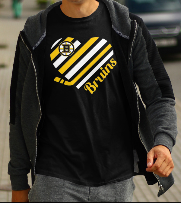 Boston Bruins Stripes Heart With Hockey Stick T-Shirt