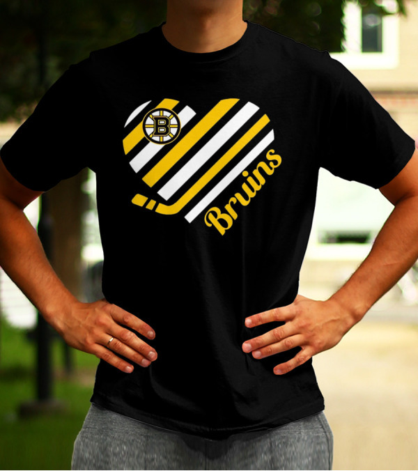 Boston Bruins Stripes Heart With Hockey Stick T-Shirt