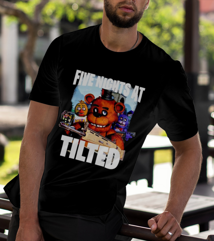 Five Nights At Tilted Freddy Bear Characters With Guns T-Shirt