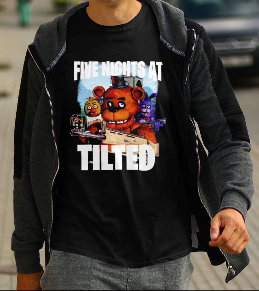 Five Nights At Tilted Freddy Bear Characters With Guns T-Shirt