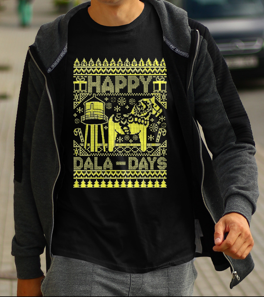 Andersonville Happy Dala Days Christmas Sweater Pattern With Water Tower And Dala Horse T-Shirt