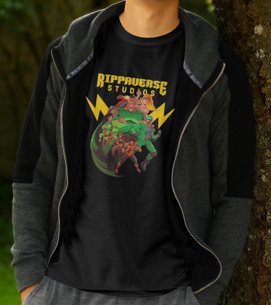 Rippaverse Studios Superhero Team Iconic Action Characters T-Shirt