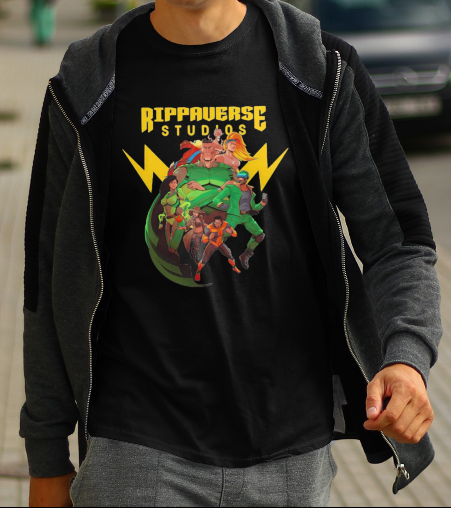 Rippaverse Studios Superhero Team Iconic Action Characters T-Shirt