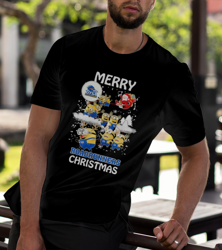 Merry UTSA Roadrunners Minions Christmas With Santa And Reindeer T-Shirt