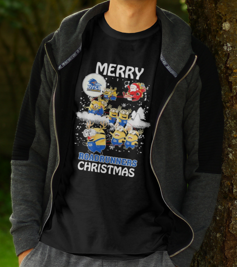 Merry UTSA Roadrunners Minions Christmas With Santa And Reindeer T-Shirt