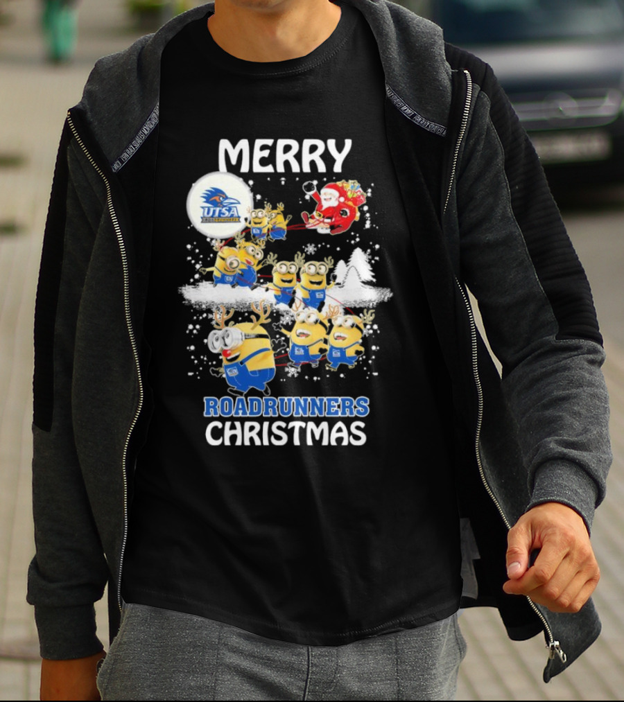 Merry UTSA Roadrunners Minions Christmas With Santa And Reindeer T-Shirt