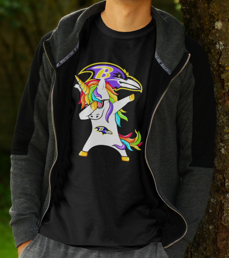 Unicorn Dabbing With Baltimore Ravens Logo And Rainbow Mane T-Shirt