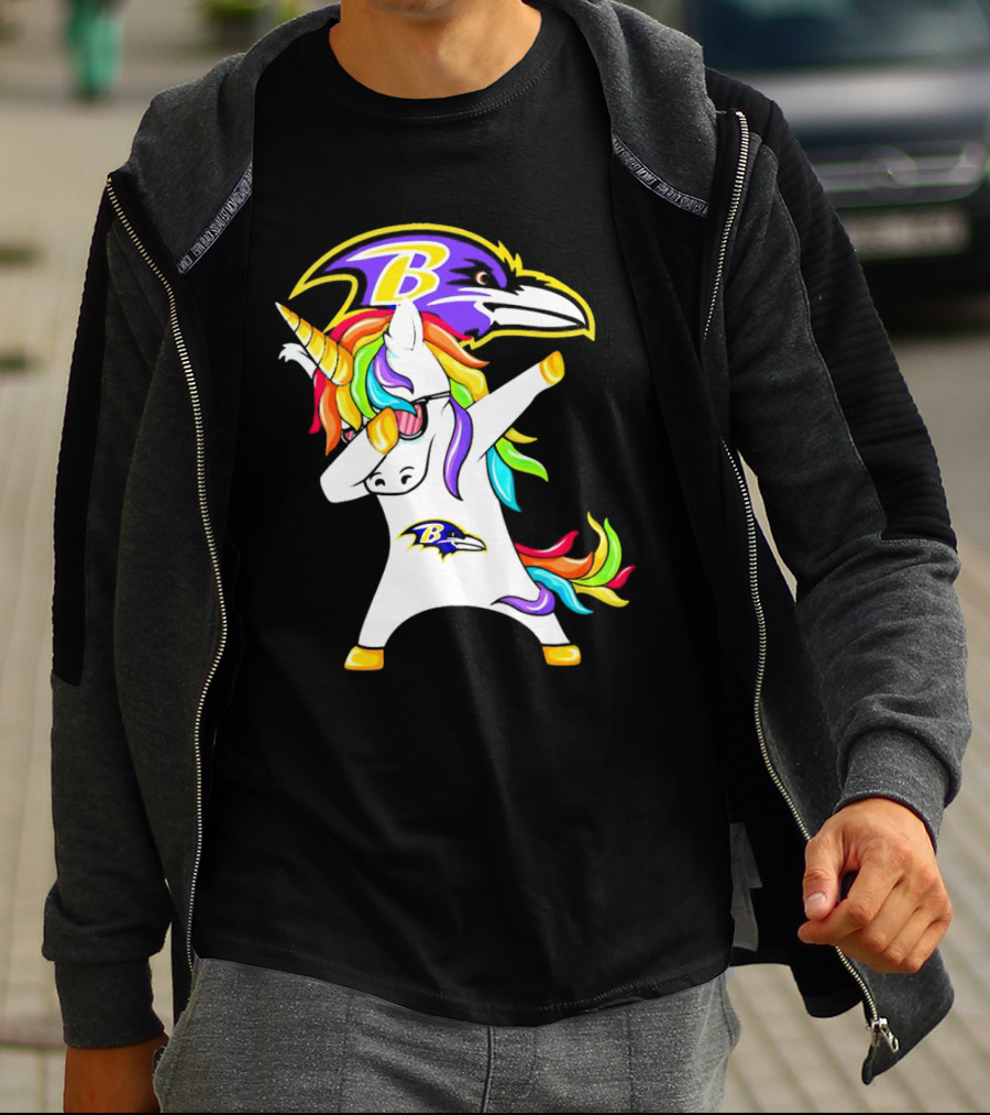 Unicorn Dabbing With Baltimore Ravens Logo And Rainbow Mane T-Shirt