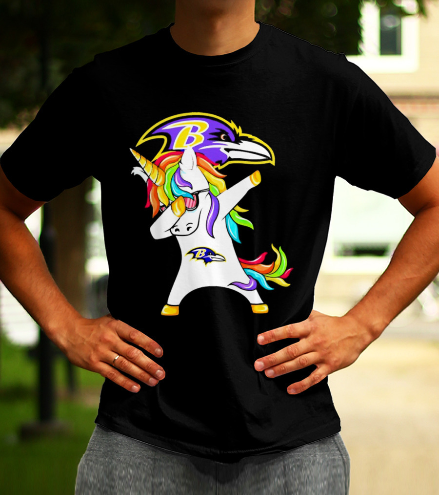 Unicorn Dabbing With Baltimore Ravens Logo And Rainbow Mane T-Shirt