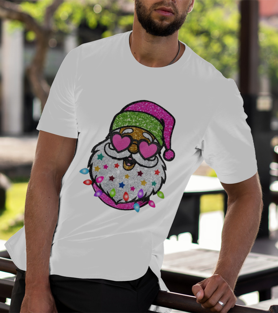 Glittery Pink Santa Claus With Heart Sunglasses And Colorful Stars And Holiday Lights T-Shirt
