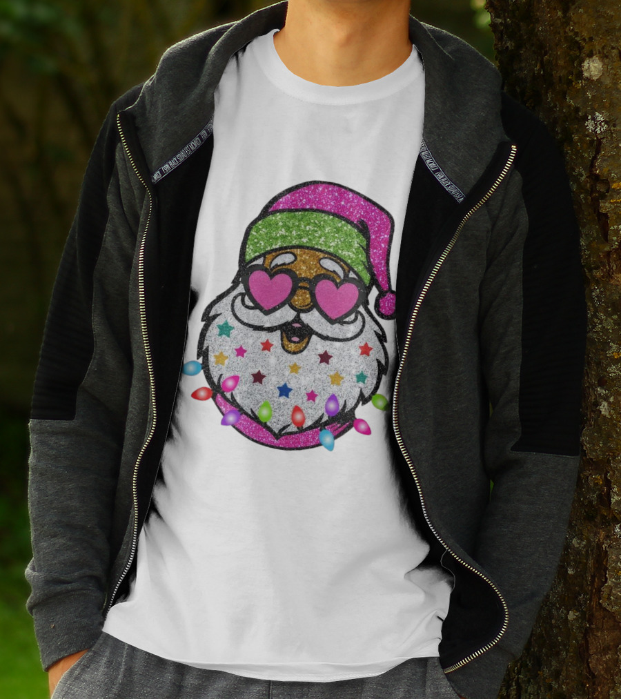 Glittery Pink Santa Claus With Heart Sunglasses And Colorful Stars And Holiday Lights T-Shirt