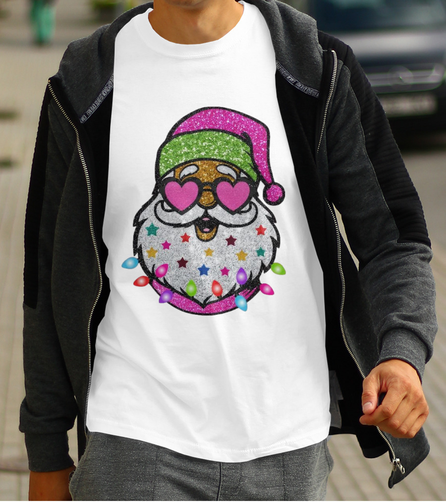 Glittery Pink Santa Claus With Heart Sunglasses And Colorful Stars And Holiday Lights T-Shirt