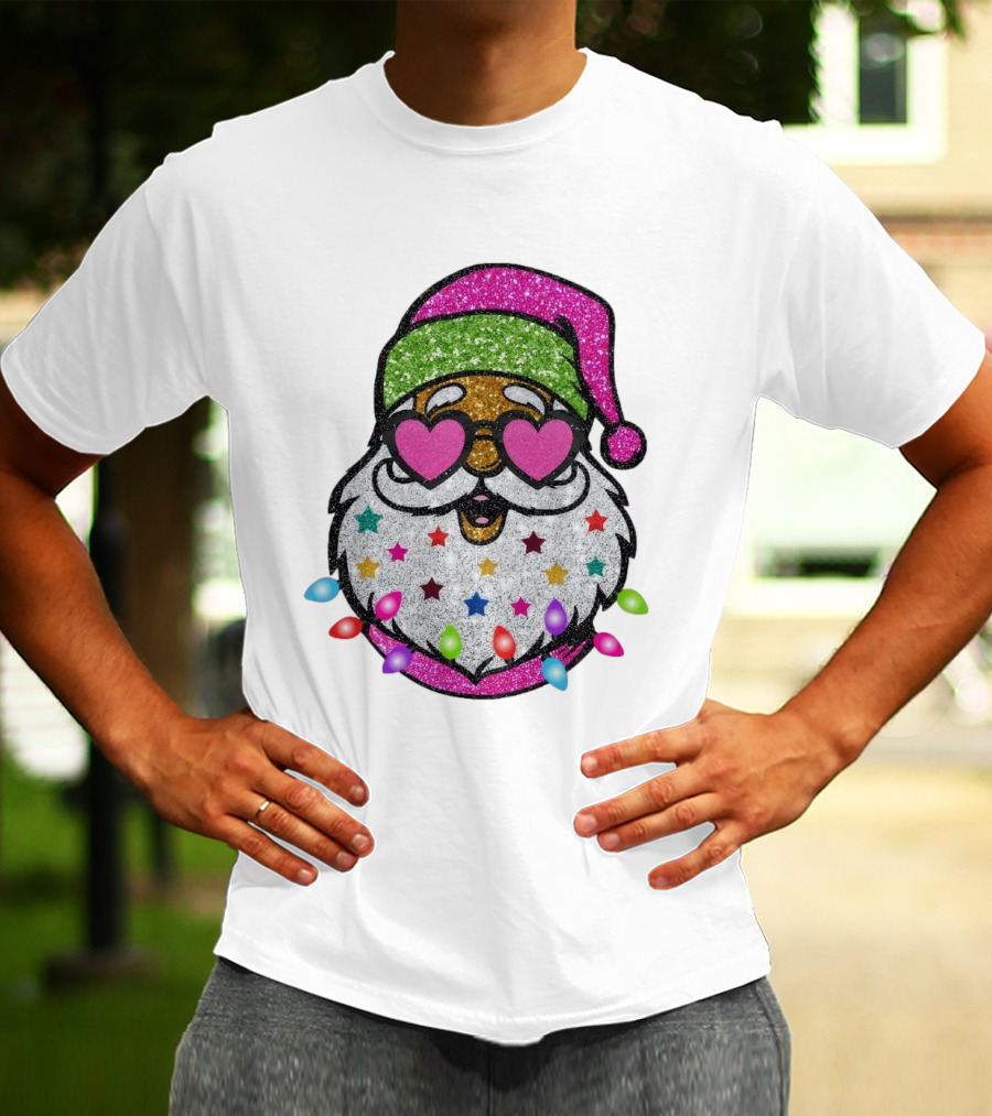 Glittery Pink Santa Claus With Heart Sunglasses And Colorful Stars And Holiday Lights T-Shirt