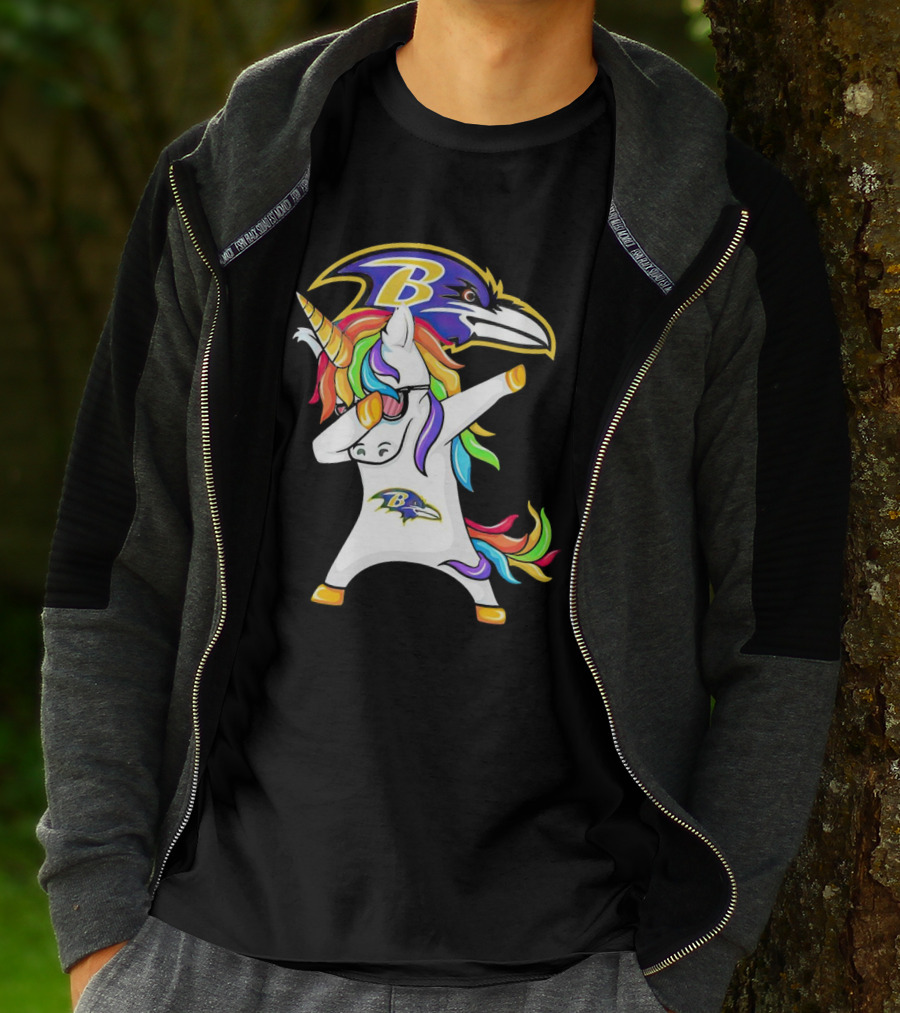Unicorn Dabbing Baltimore Ravens Emblem Rainbow Colors T-Shirt