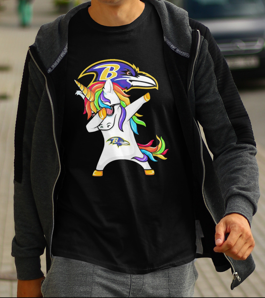 Unicorn Dabbing Baltimore Ravens Emblem Rainbow Colors T-Shirt
