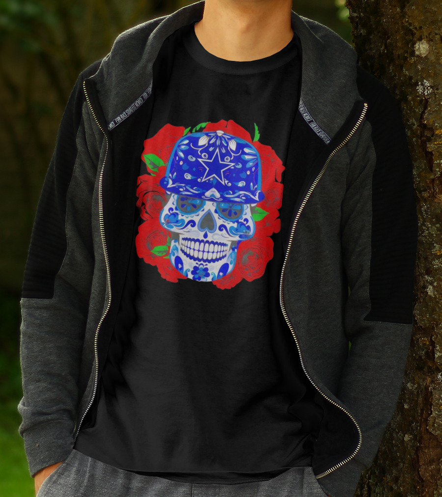Dallas Cowboys Sugar Skull With Blue Star Hat And Roses T-Shirt