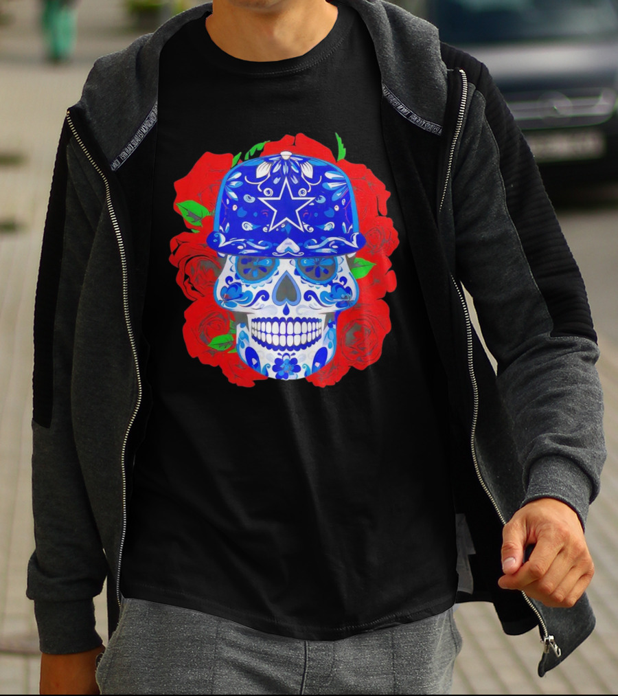 Dallas Cowboys Sugar Skull With Blue Star Hat And Roses T-Shirt