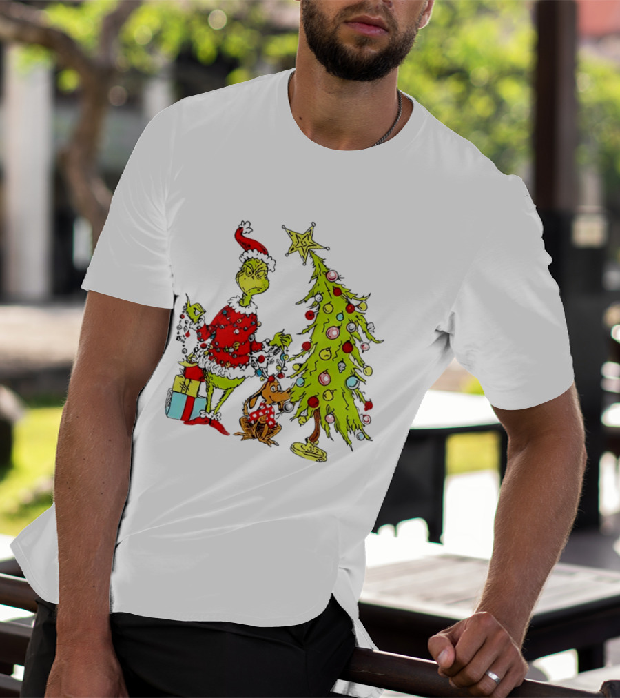 Grinch In Santa Hat And Dog With Christmas Tree And Presents T-Shirt