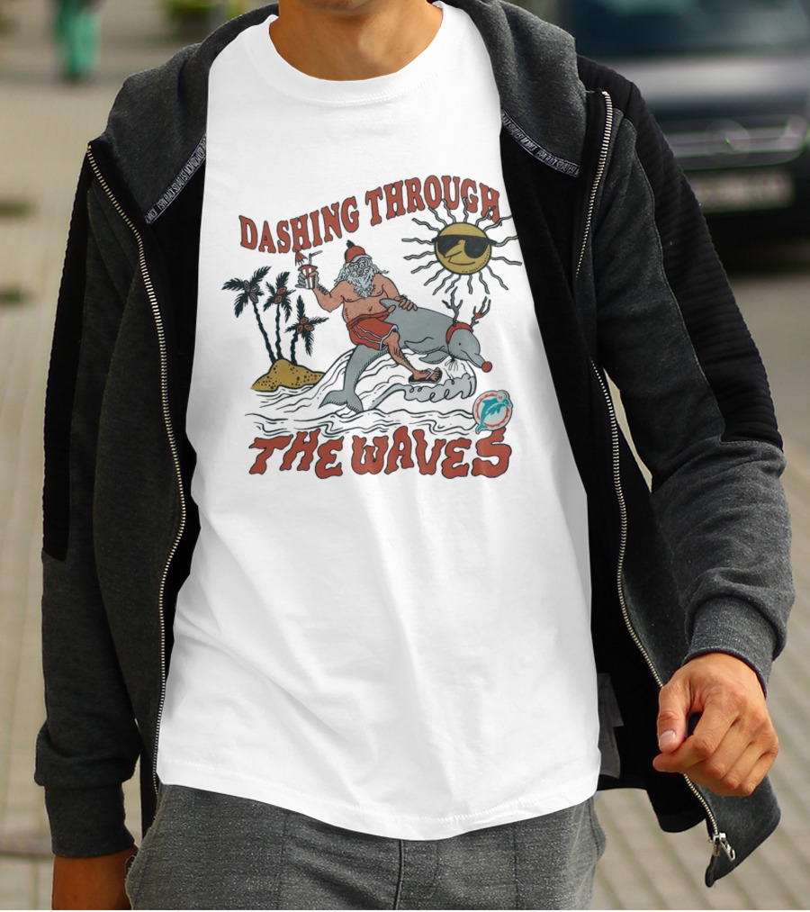 Dashing Through The Waves Miami Dolphins Christmas Santa Riding Dolphin T-Shirt