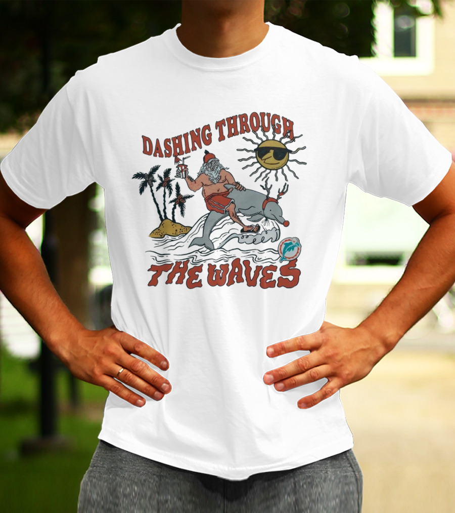 Dashing Through The Waves Miami Dolphins Christmas Santa Riding Dolphin T-Shirt