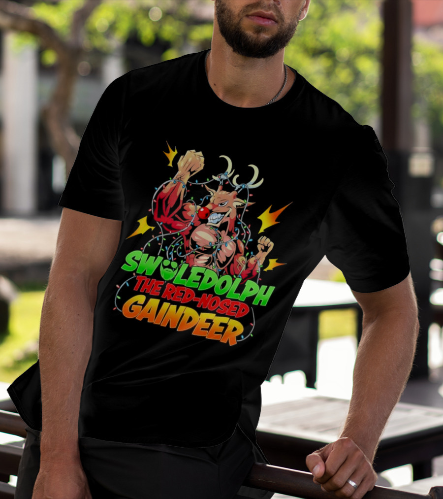 Swoledolph The Red-Nosed Gaindeer Christmas Lights Flexing T-Shirt