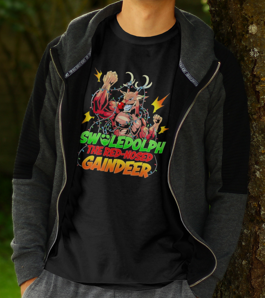 Swoledolph The Red-Nosed Gaindeer Christmas Lights Flexing T-Shirt
