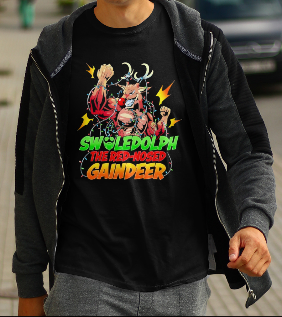 Swoledolph The Red-Nosed Gaindeer Christmas Lights Flexing T-Shirt
