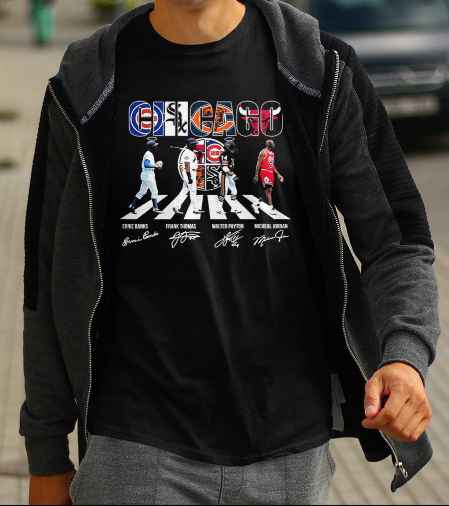 Chicago Cubs Bears Bulls Abbey Road Ernie Banks Frank Thomas Walter Payton Michael Jordan Signatures T-Shirt