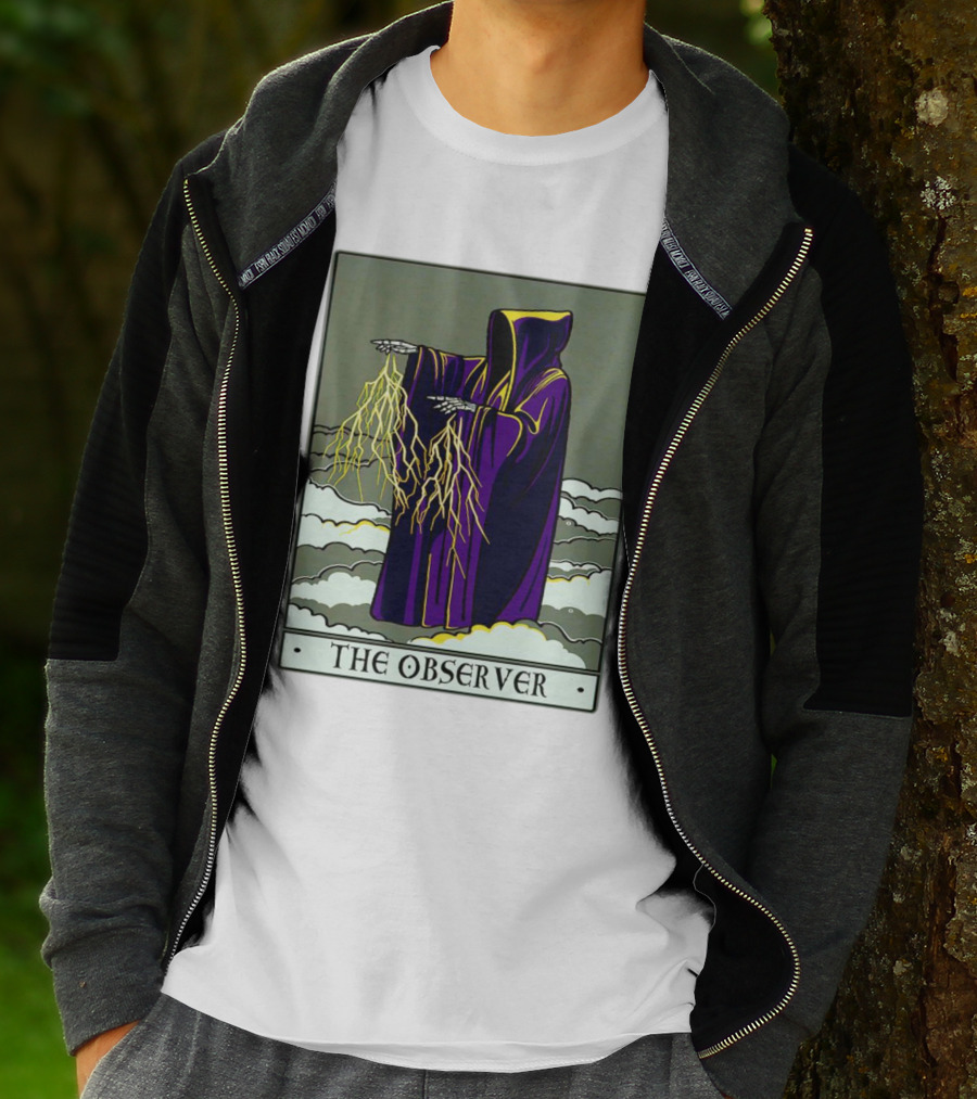 The Observer Hooded Figure With Lightning Tarot Card T-Shirt