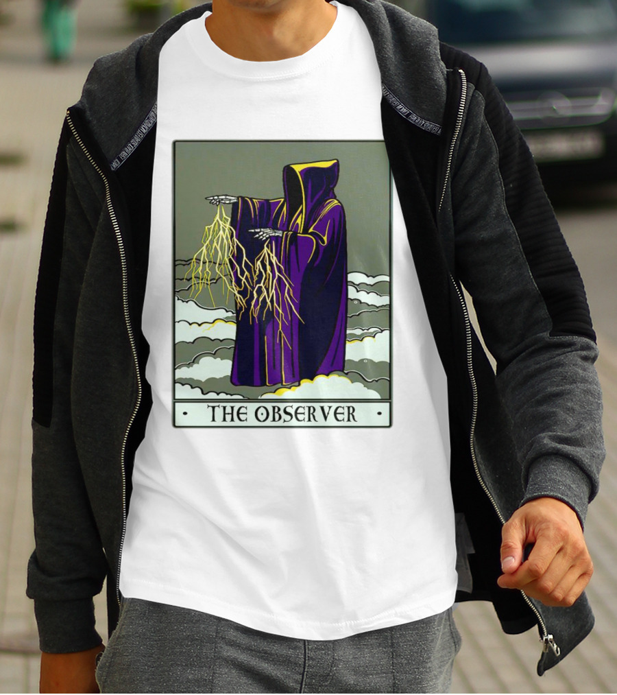 The Observer Hooded Figure With Lightning Tarot Card T-Shirt