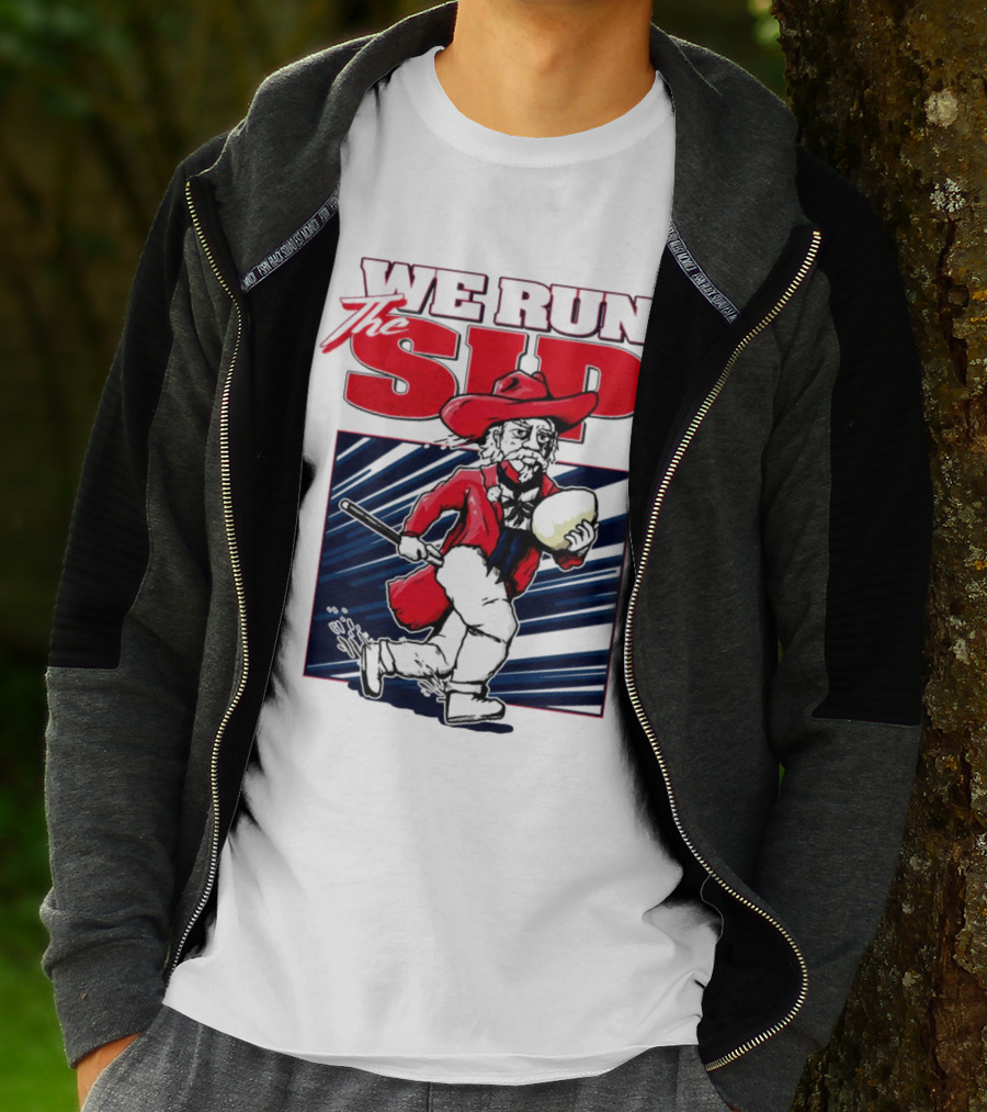 We Run The Sip Ole Miss Rebels Football Mascot Running With Ball T-Shirt