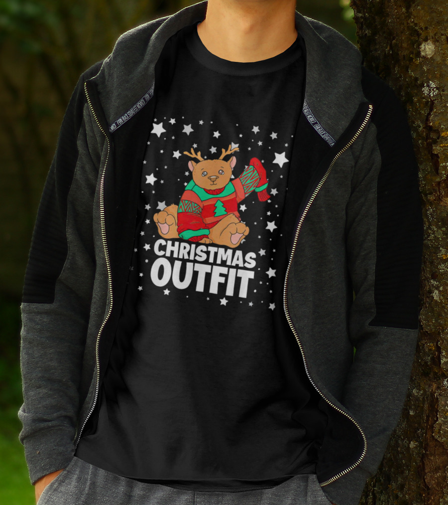 Bear Reindeer Christmas Outfit With Festive Sweater And Stars T-Shirt