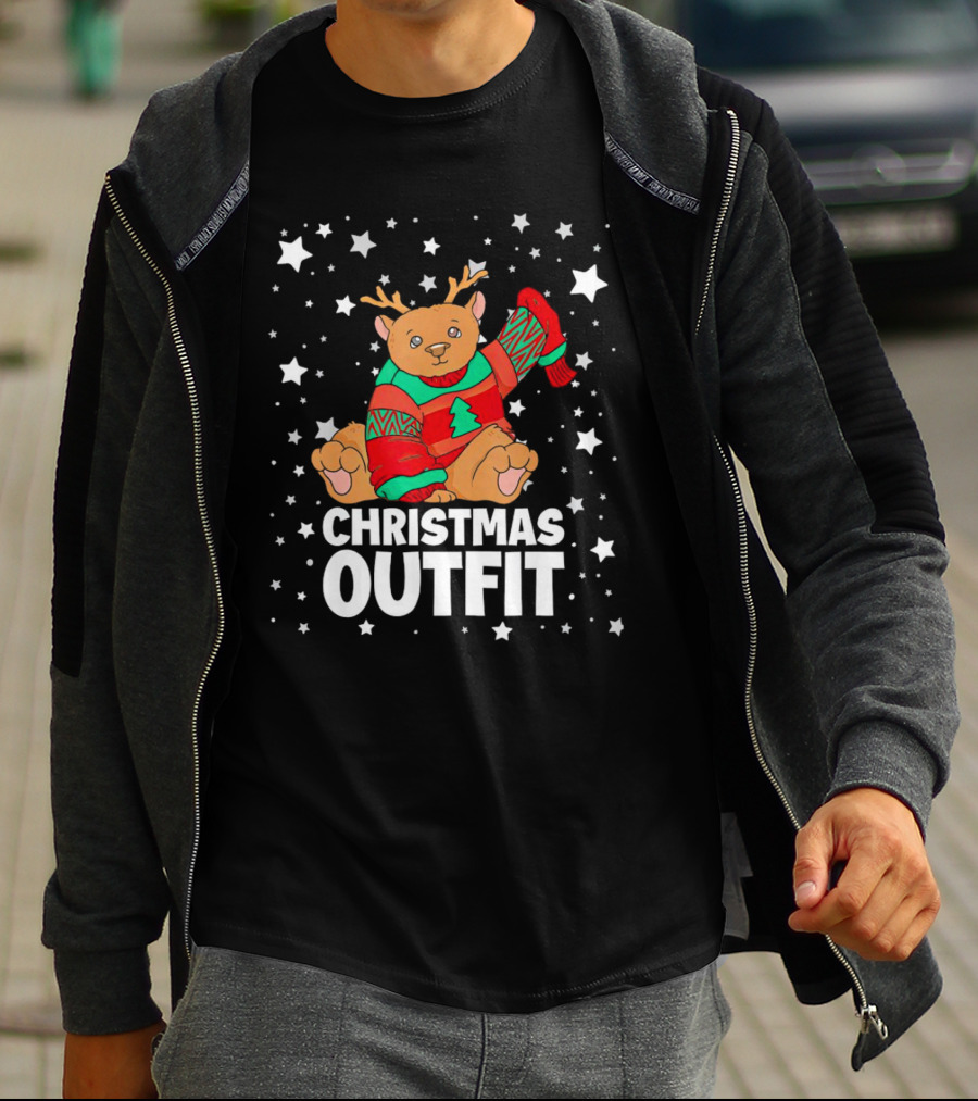 Bear Reindeer Christmas Outfit With Festive Sweater And Stars T-Shirt