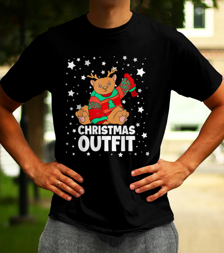 Bear Reindeer Christmas Outfit With Festive Sweater And Stars T-Shirt