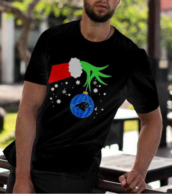 The Grinch Holding Carolina Panthers Christmas Ornament With Snowflakes T-Shirt