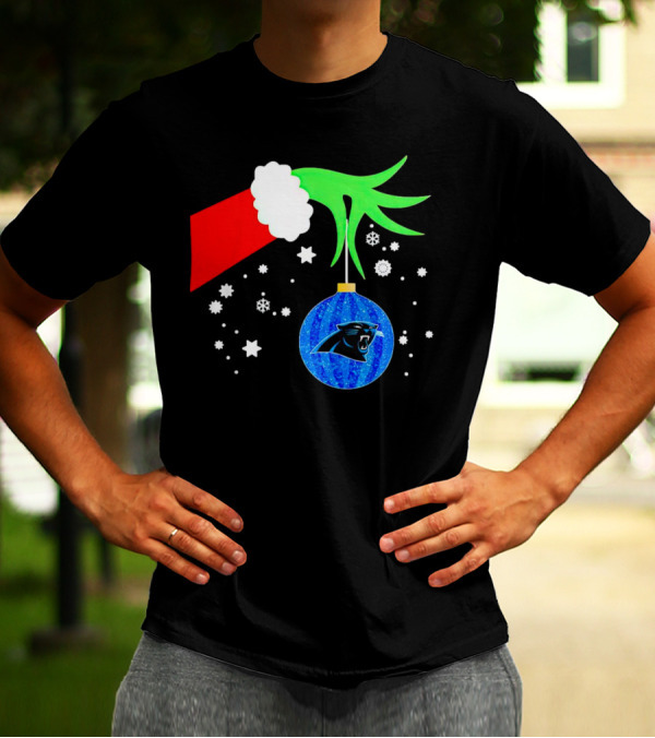 The Grinch Holding Carolina Panthers Christmas Ornament With Snowflakes T-Shirt