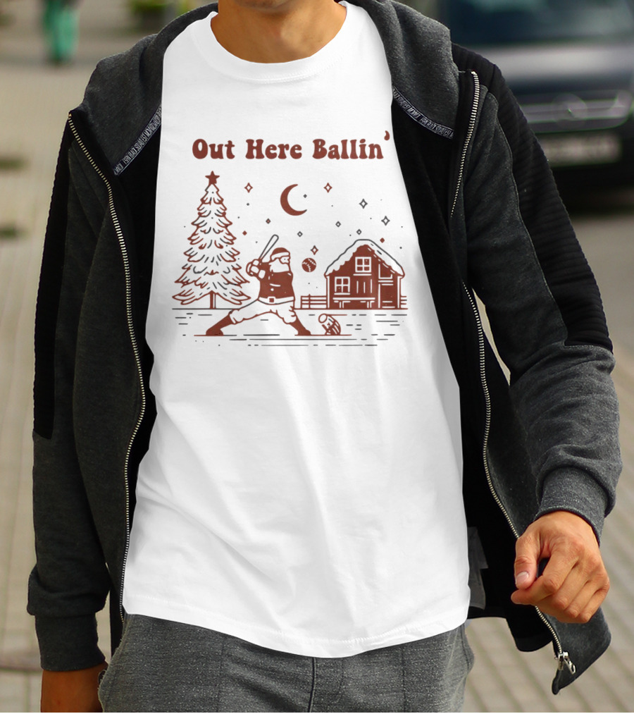 Out Here Ballin' Santa Playing Baseball Christmas Scene T-Shirt