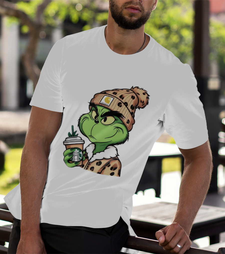 Grinch Boujee Leopard Coffee Cozy Winter T-Shirt