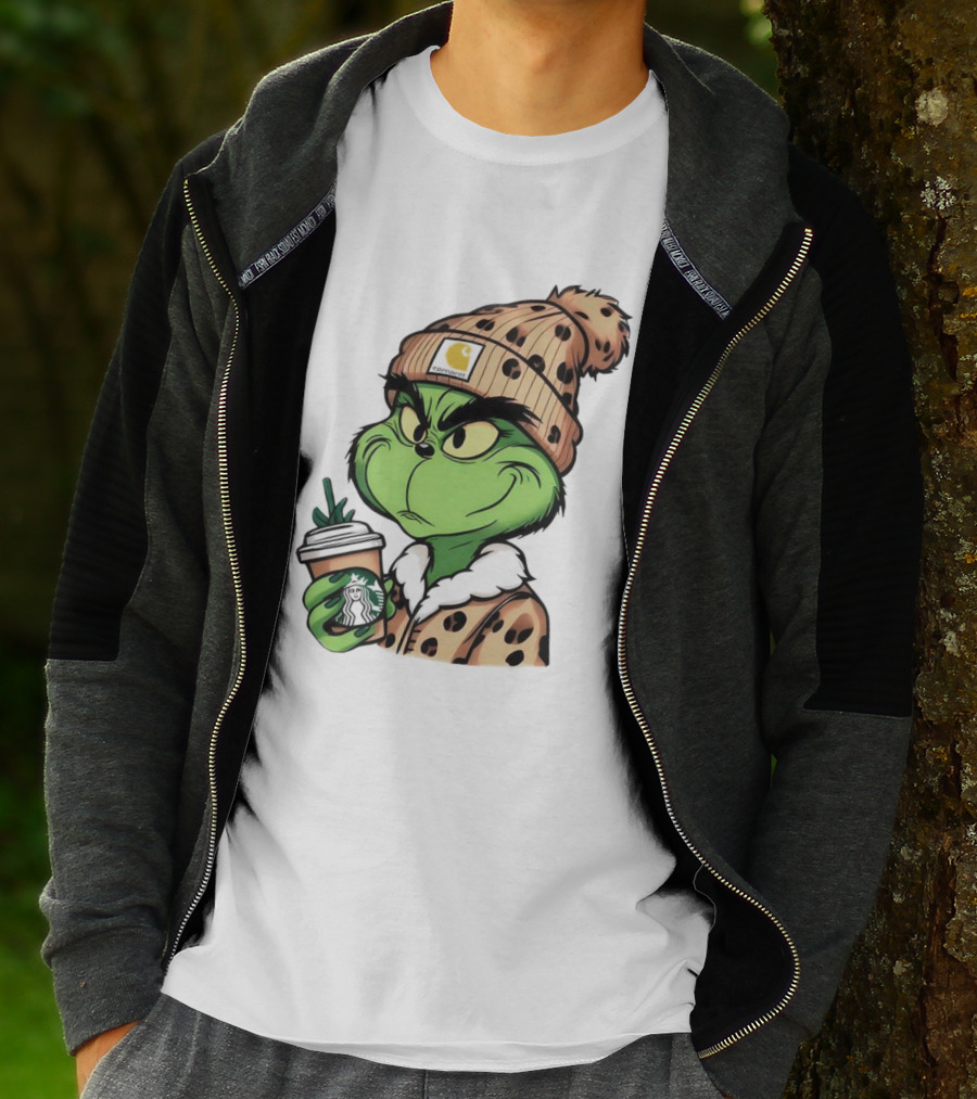 Grinch Boujee Leopard Coffee Cozy Winter T-Shirt